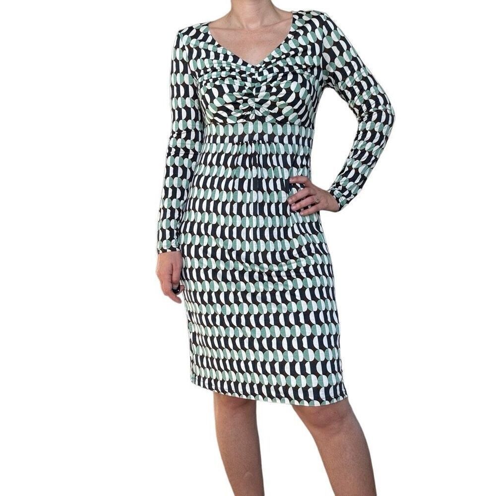 Boden Geometric Circle Print Long Sleeve Jersey Dress Size 8 Knee Length V Neck